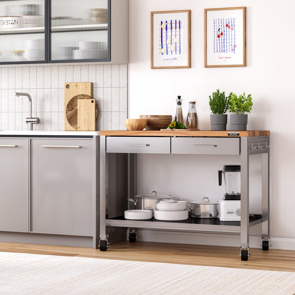 Mobile Kitchen Island Prep Station with Butcher Block Top and Shelves