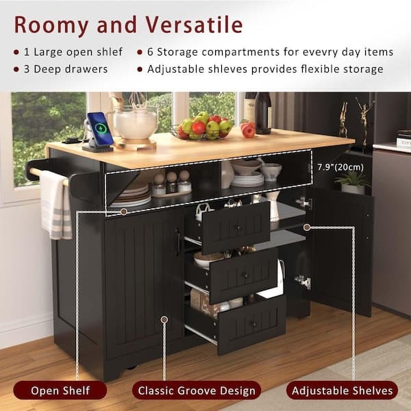 Mobile Kitchen Island Transitional Design Wood Top Drop Leaf