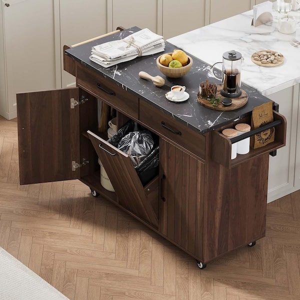 Mobile Kitchen Island Walnut Finish Drop Leaf Storage Solution