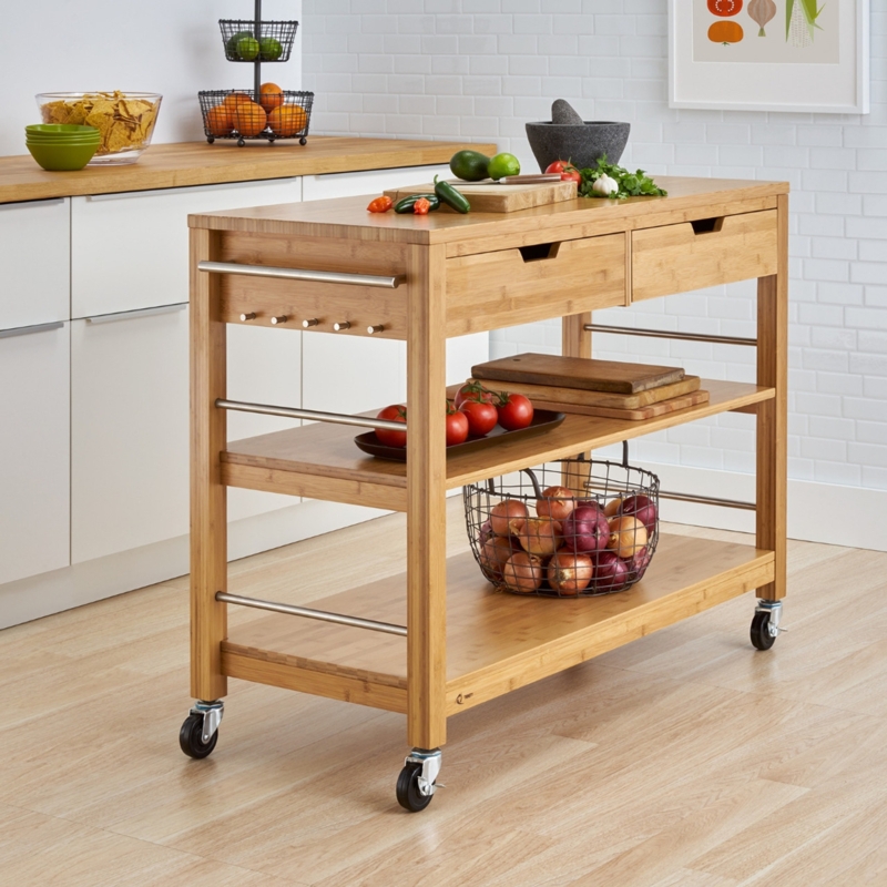 Mobile Kitchen Island with Bamboo Butcher Block Top & Three Drawers