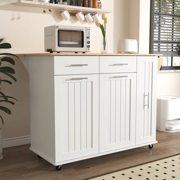 Mobile Kitchen Island with Drop Leaf and Drawers in White