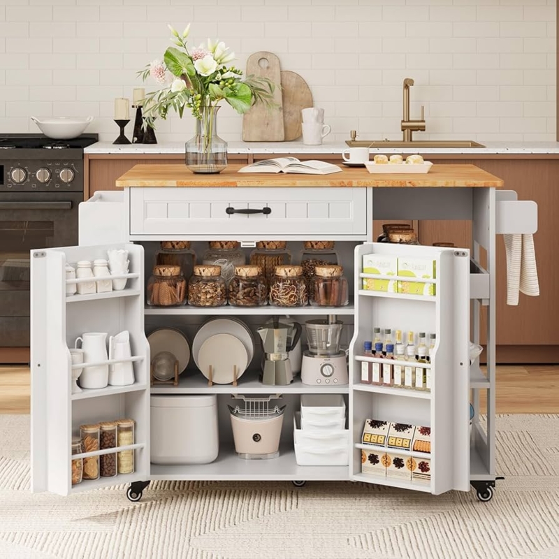 Mobile Kitchen Island with Drop Leaf and Five Wheel Base