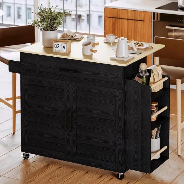 Mobile Kitchen Island with Drop Leaf, Black Finish, Spice Rack & Wood Top