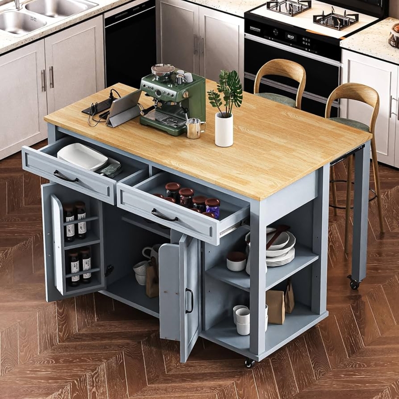 Mobile Kitchen Island with Drop-Leaf Extension and Dusty Blue Finish