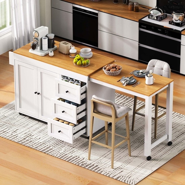 Mobile Kitchen Island with Extendable Dining Table & Power Strip