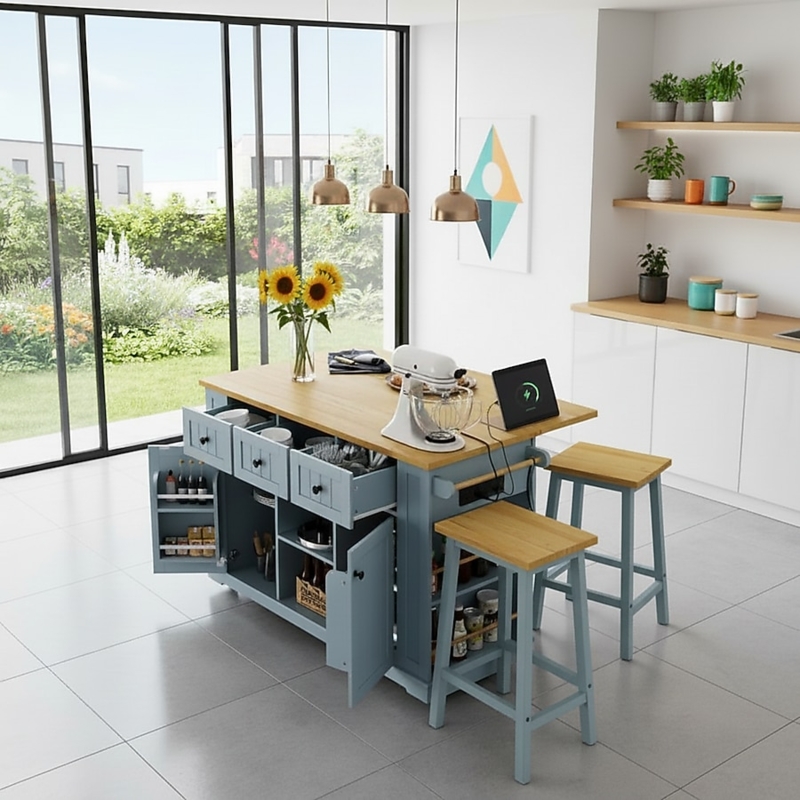 Mobile Kitchen Island with Seating, Navy Blue, Built-In Outlets
