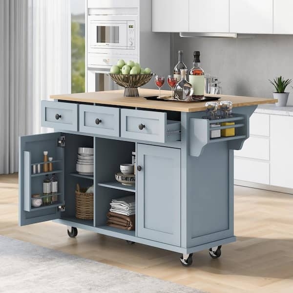 Mobile Kitchen Island with Side Open Shelving and Navy Blue Cabinetry