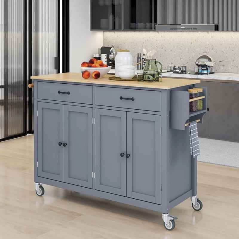 Mobile Kitchen Island with Slatted Doors, Side Storage, Towel Rack