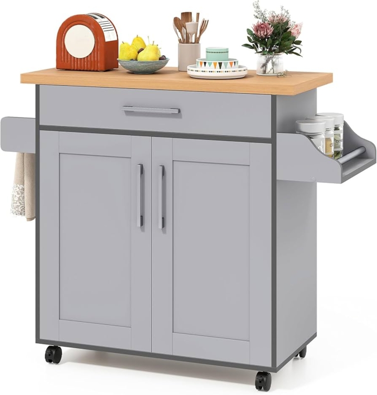 Mobile Kitchen Island with Spice Rack, Two-Tone Finish, Lockable Wheels