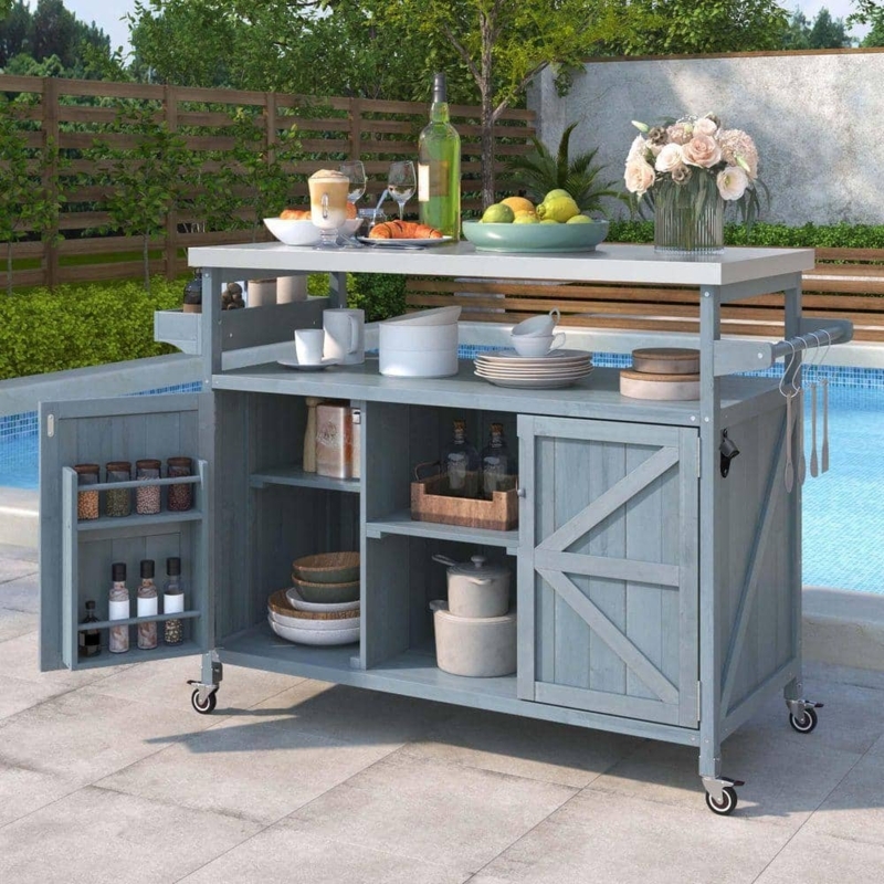 Mobile Kitchen Island with Stainless Steel Top and Navy Blue Base