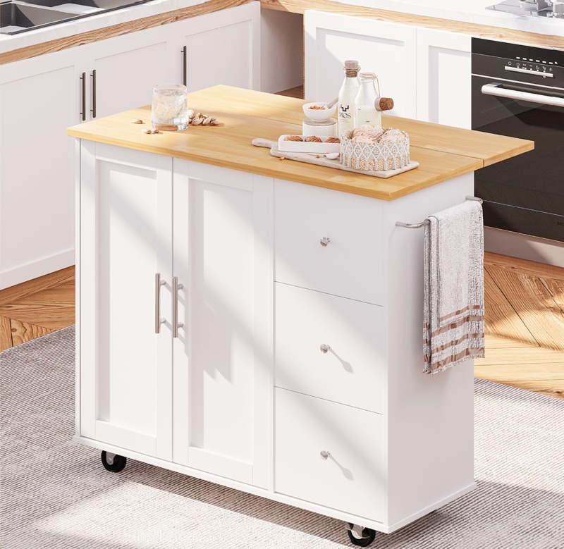 Mobile Kitchen Island with Storage, Foldable Drop Leaf, and Wood Top