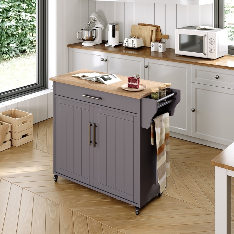 Mobile Kitchen Island with Wood Top, Side Spice Rack, Locking Wheels