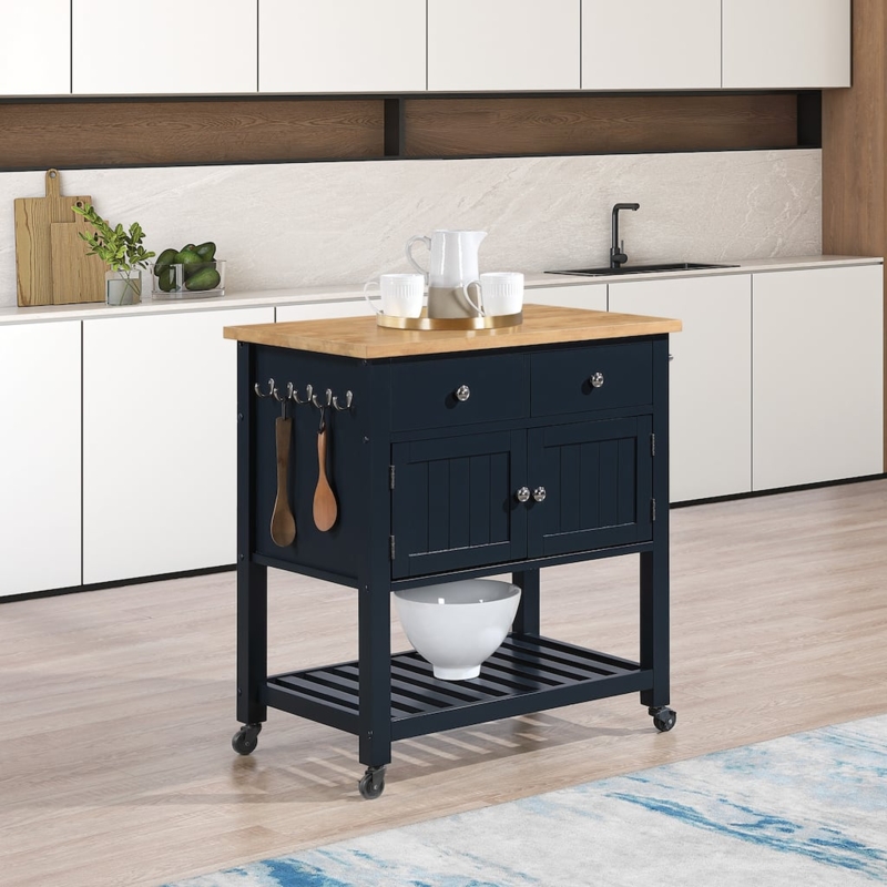 Mobile Kitchen Storage Cart Slatted Shelf Off White Wood Top