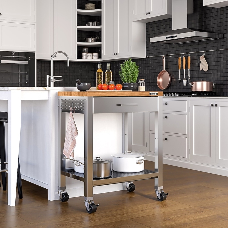 Mobile Kitchen Utility Cart with Butcher Block Top and Wire Shelves