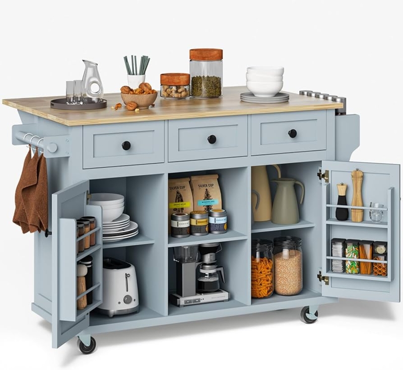 Mobile Navy Blue Kitchen Island with Wood Top and Spice Rack