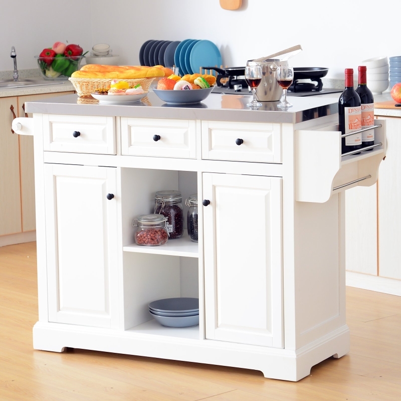 Mobile White Kitchen Cart with Stainless Top and Three Drawers