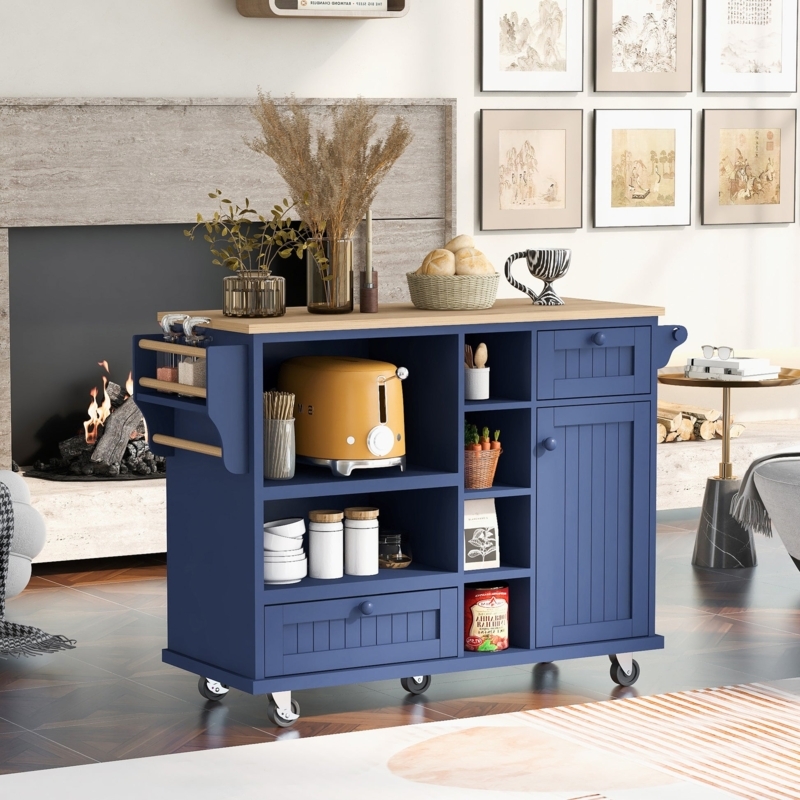 Mobile White Kitchen Island Cart with Butcher Block Top and Towel Rack