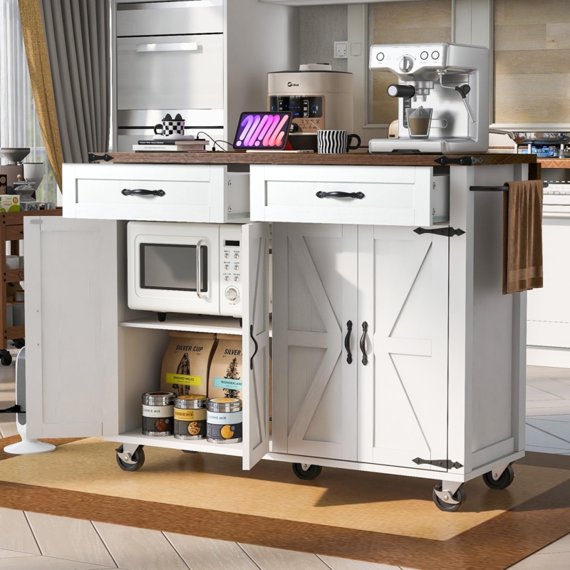 Mobile White Kitchen Island with Drop Leaf and Power Outlet