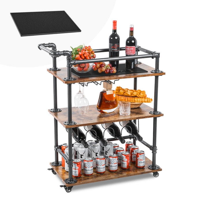 Mobile Wine Rack With Casters, Integrated Beverage Storage, Three-Tier