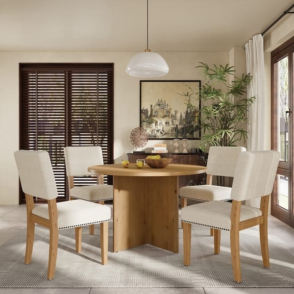 Modern 5-Piece Dining Set: Mixed Material Wood & Black Pedestal Table