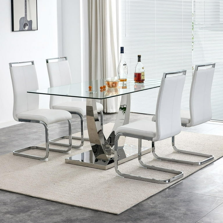 Modern 5-Piece Dining Set with Clear Rectangular Table and White Chairs