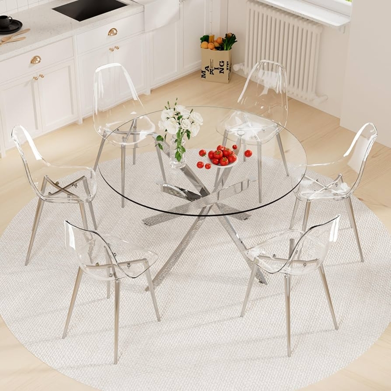 Modern 7-Piece Dining Room Set Circular Glass Top Transparent Chairs