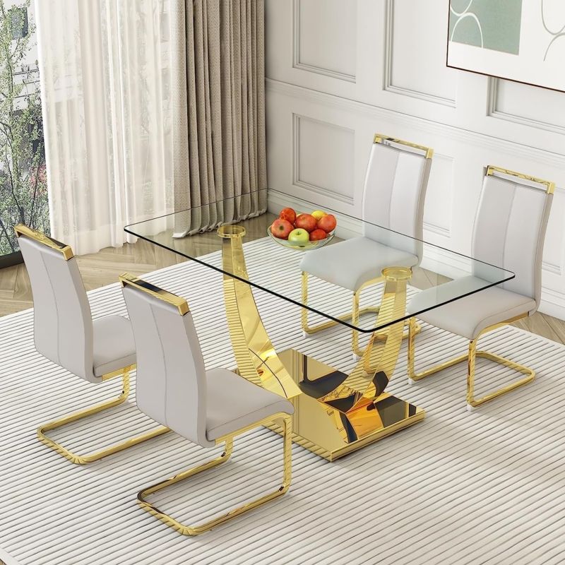 Modern 7-Piece Dining Set with Glass Top and Metallic X-Base