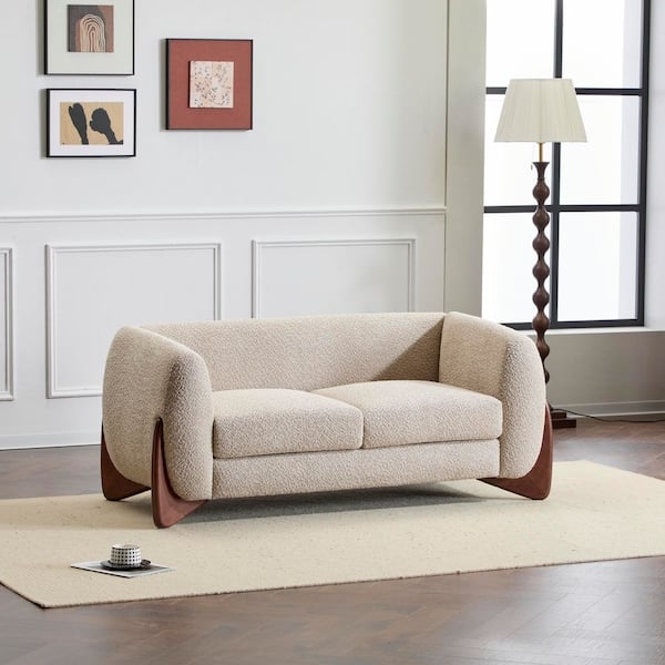 Modern Almond Boucle Loveseat with Exposed Wood Base feature