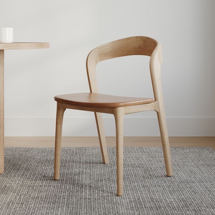Modern Ash Wood Dining Chair Scooped Back Black Leather-Like Seat