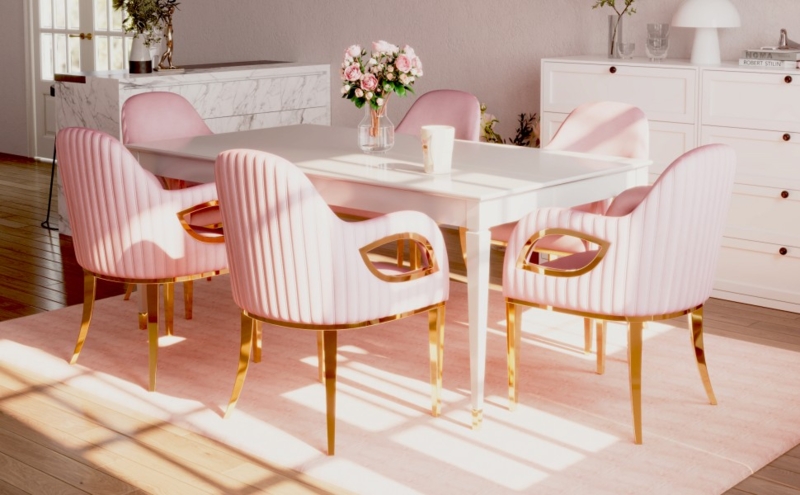 Modern Barrel Dining Chairs Pink Velvet Channel Back