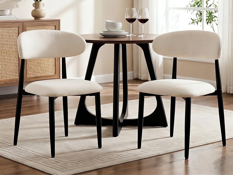 Modern Beige Dining Chairs Upholstered Curved Back Black Metal Legs
