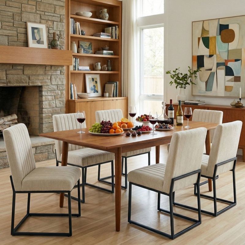 Modern Beige Splayed Leg Dining Chairs with Channel Tufting