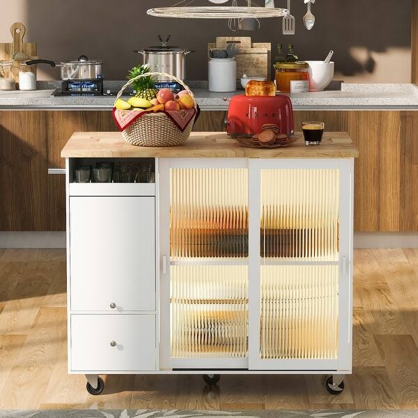 Modern Black and Wood Kitchen Island Cart with Fluted Glass