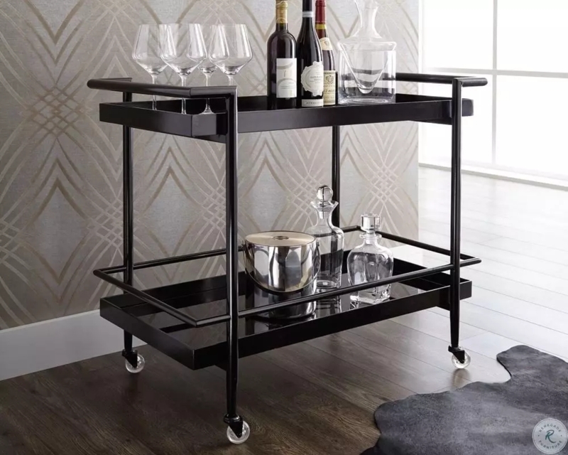 Modern Black Bar Cart With Curved Handle Rails 2 Tier