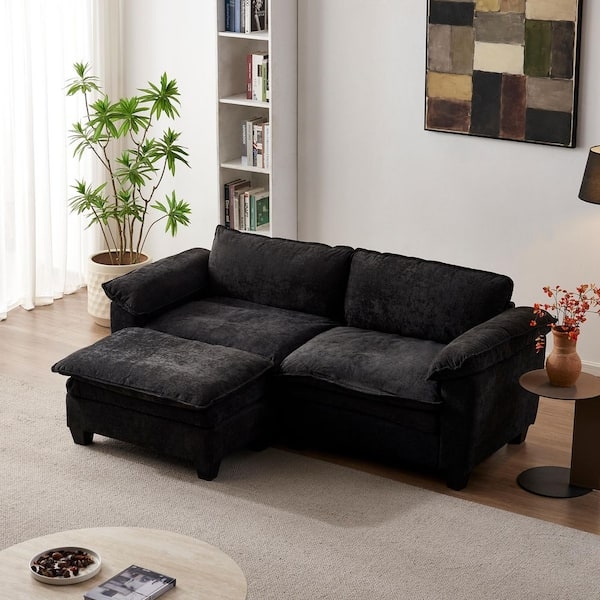 Modern Black Chenille Loveseat Set including Matching Ottoman