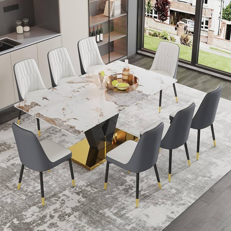 Modern Black Dining Set for 8 Marble Effect Glass Table