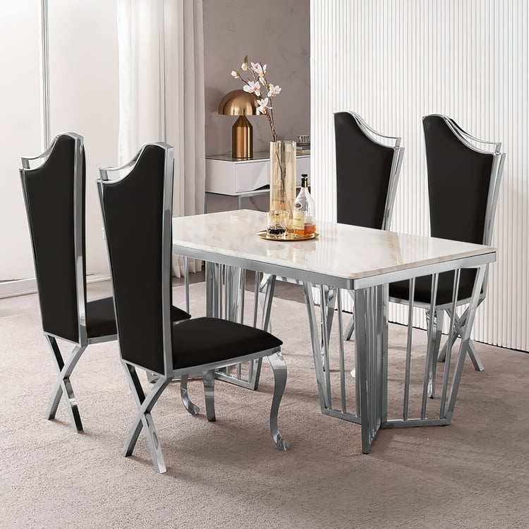 Modern Black High Back Dining Chair with Channel Tufting and Silver Legs