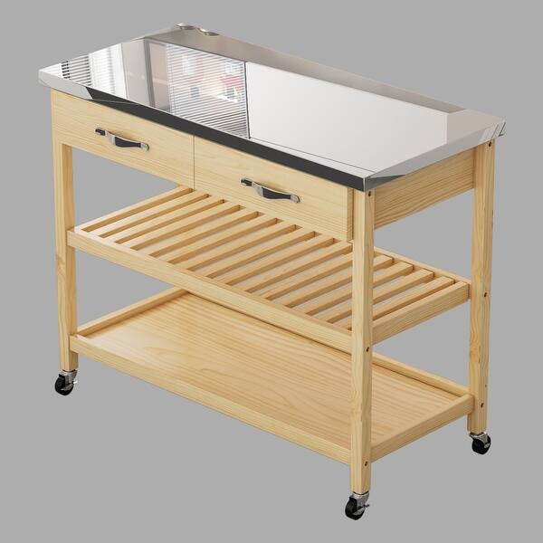 Modern Black Kitchen Cart with Stainless Steel Top and Wood Drawers