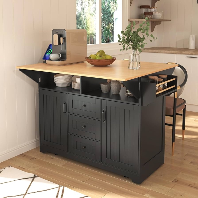 Modern Black Kitchen Island Storage with Dual Drop Leaf and Rolling Casters
