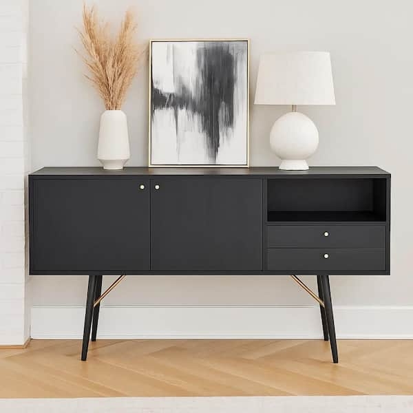 Modern Black Matte Sideboard Gold Accent Legs Dining Room Buffet