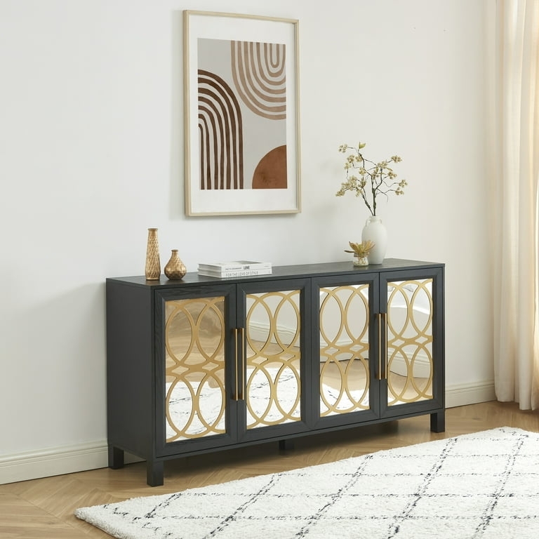 Modern Black Mirrored Credenza Geometric Fretwork Gold Knobs