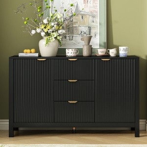 Modern Black Sideboard with Wave Pattern & Gold Metal Accents
