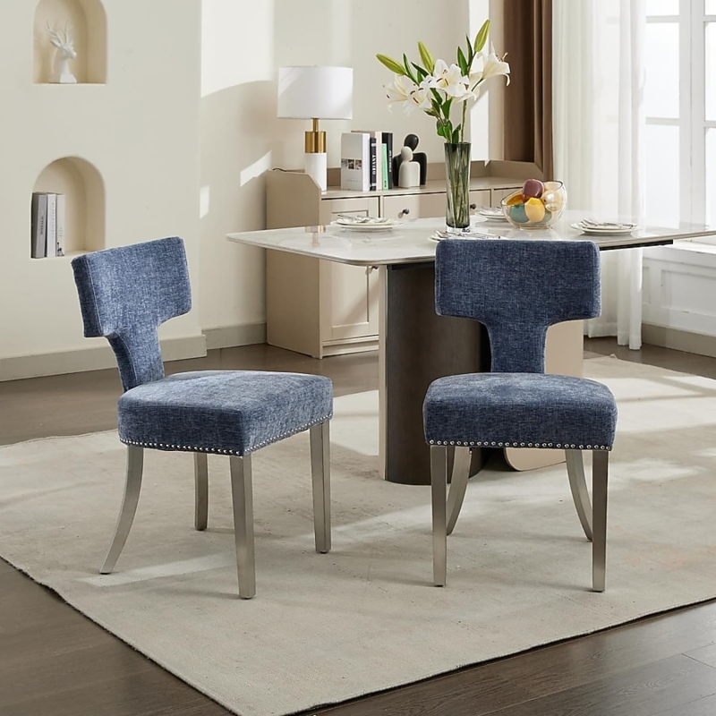Modern Blue Boucle Dining Chairs with Barrel Back and Silver Legs