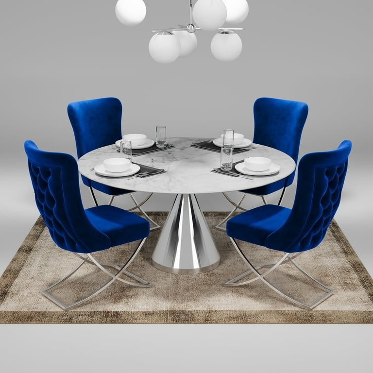 Modern Blue Upholstered Dining Chair with Polished Silver Metal Legs
