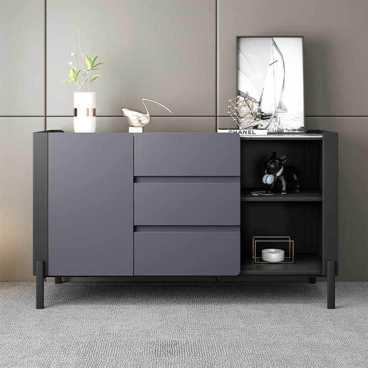 Modern Charcoal Sideboard featuring a Stone-Like Top and Fluted Doors