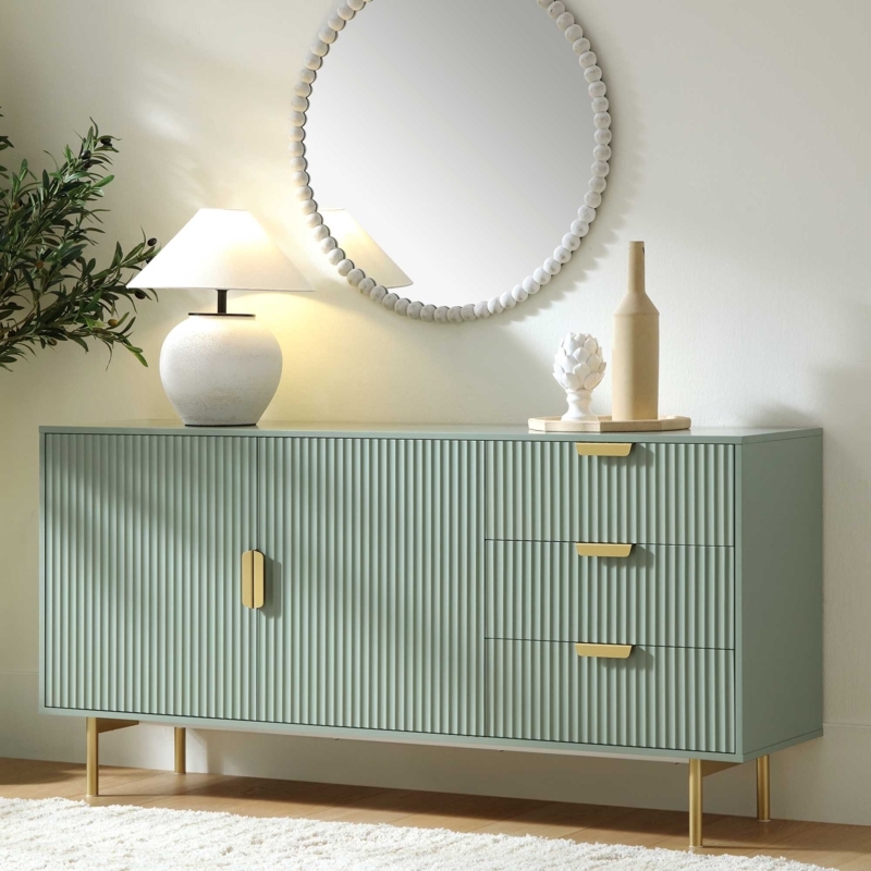 Modern Credenza with Gold Legs Ridged Surface Matte Finish