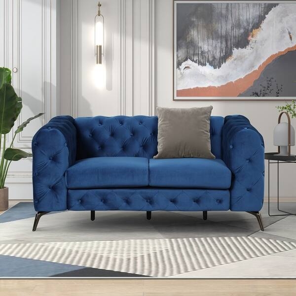 Modern Dark Green Velvet Loveseat featuring Vertical Button Tufting