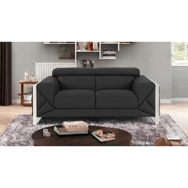 Modern Dark Leather-like Loveseat with Slim Angled Chrome Legs.