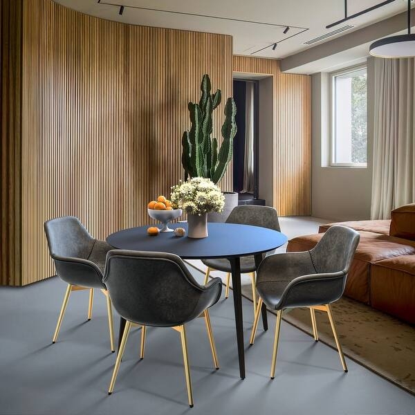 Modern Dining Armchair Gold Tapered Legs Distressed Tan Curved