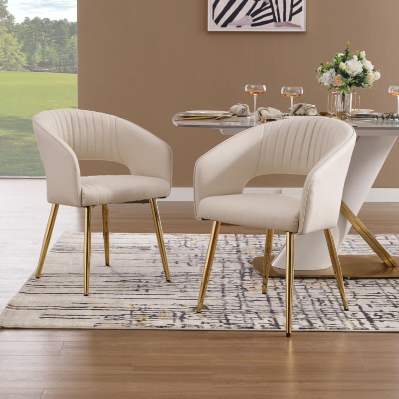 Modern Dining Chair Cream Leather-Like Curved Barrel Back Gold Finish